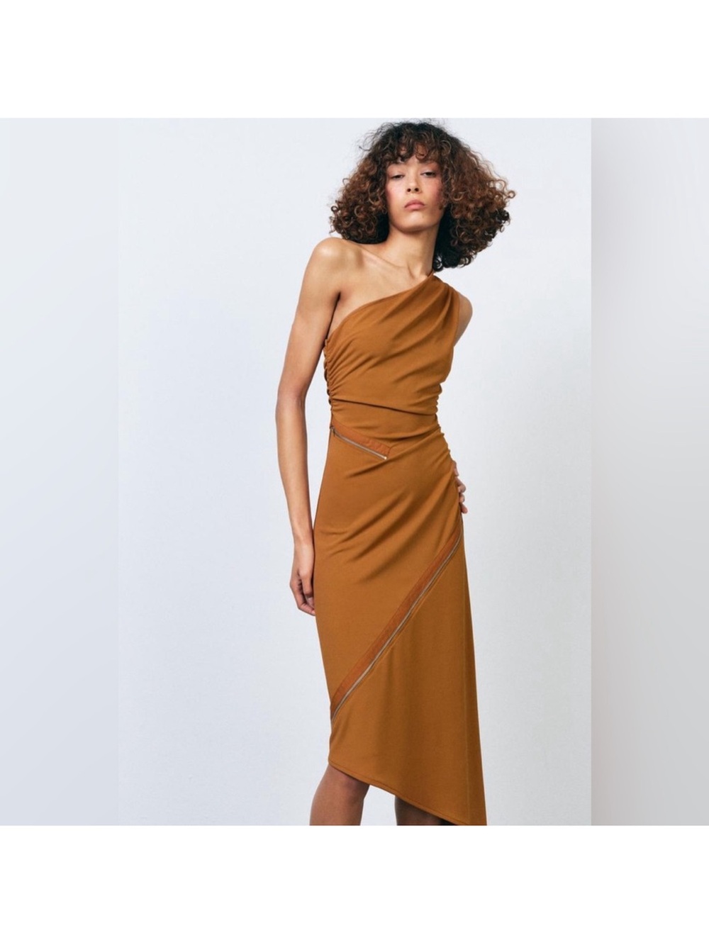 Zara Asymmetrical Brown One Shoulder Midi Dress with Zippers - Picture 3 of 8